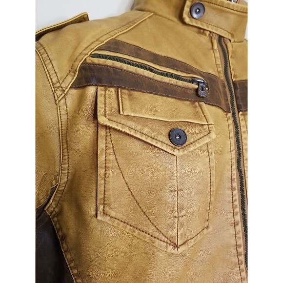 David Outerwear Brown Bomber Jacket Faux Leather L Pockets faux fur lined Men's - Picture 3 of 12